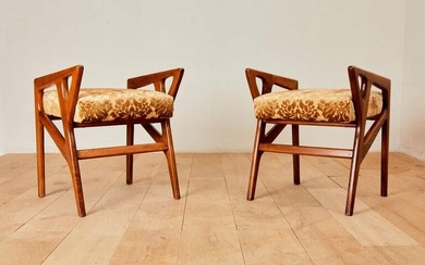 Gio PONTI (1891-1979) - Cassina Paire de tabourets à accotoirs modèle 687 en bois et...