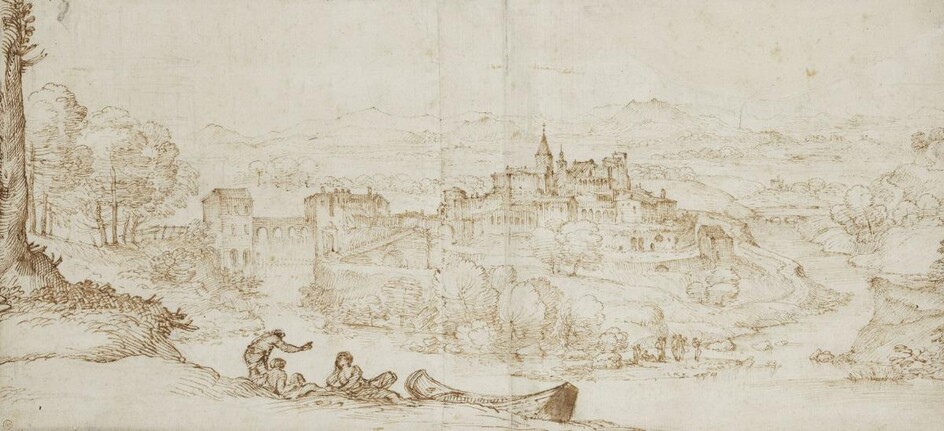 Giovanni Francesco Grimaldi, called il Bolognese, Italian 1606-1680- Landscape with a town encircled by a river; black chalk, pen and brown ink on laid paper, bears stamp 'M' (lower left), 18.2 x 39.6 cm. Provenance: with P. & D. Colnaghi & Co...