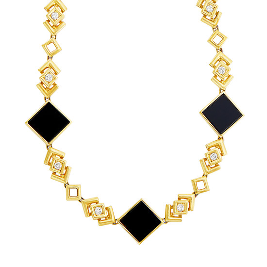 Gold, Black Onyx and Diamond Chain Necklace
