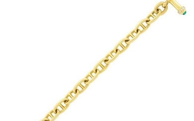 Gold Nautical Link Bracelet with Gold, Cabochon Emerald