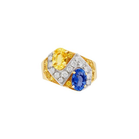 Gold, Sapphire, Yellow Sapphire, Diamond and Yellow Diamond Ring