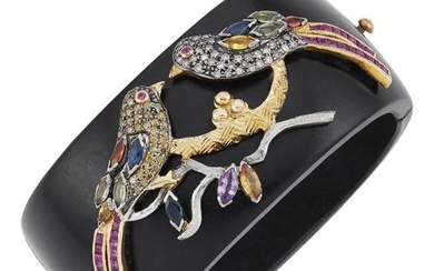 Gold, Silver, Diamond, Colored Diamond, Ruby, Multicolored Sapphire and Wood Love Birds Hinged Bangle Bracelet