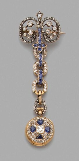 Gold and silver brooch entirely set with antique cut diamonds,...
