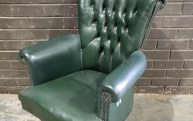 Green Buttoned Leather Office Armchair, with tilting-action, on timber base (H:95 W:687cm)