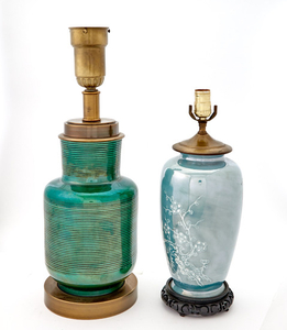 Group of Four Green and Blue-Green Glazed Ceramic Lamps