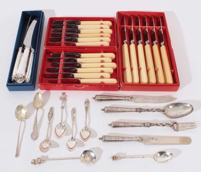 Group of eight foreign silver souvenir spoons, together with Danish silver cutlery, three cased sets of Danish stainless steel cutlery and a