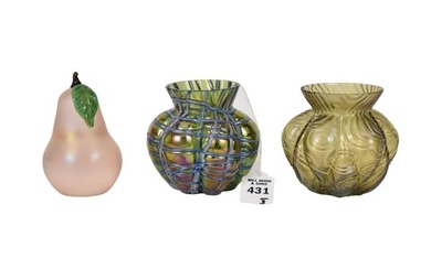 Grouping of Iridescent Art Glass - Comprising: Two Bohemian gadrooned vases, one with prismatic