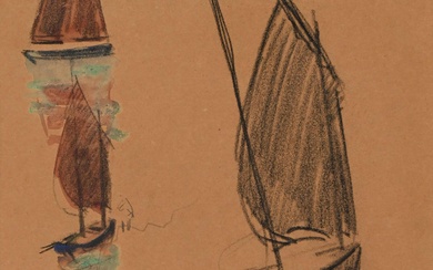 Gustave LOISEAU (1865-1935) "Etudes de voiliers", Fusain et rehauts de gouache sur papier, cachet de...