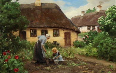 H. A. Brendekilde: View from a cottage with mother and daughter working in the garden. Signed H. A. Brendekilde. Oil on canvas. 31×41 cm.