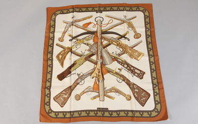 HERMES BROWN, BEIGE AND WHITE "CARRE" SILK SCARF WITH ANTIQUE...