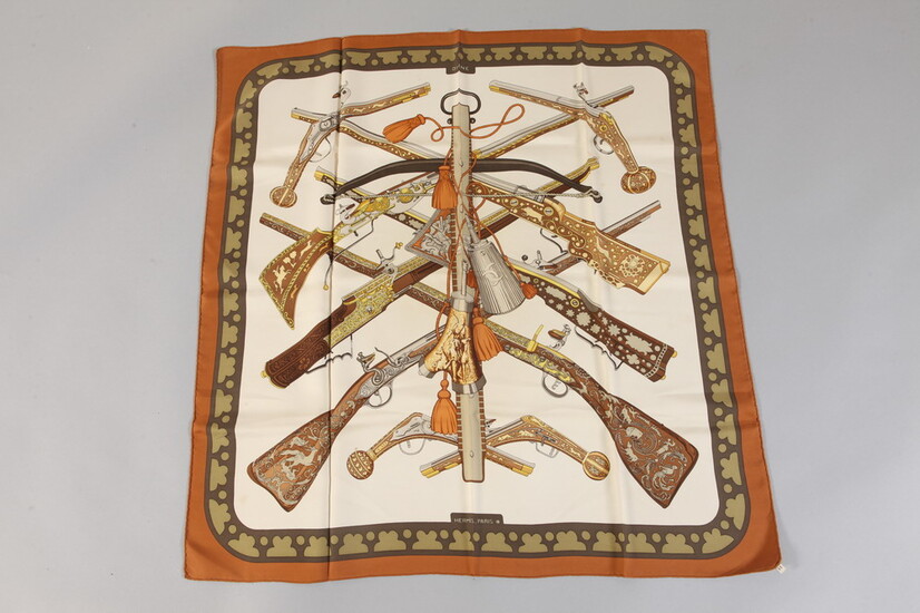 HERMES BROWN, BEIGE AND WHITE "CARRE" SILK SCARF WITH ANTIQUE...