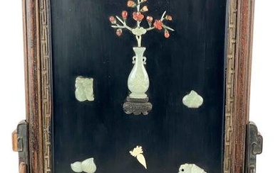 Hand Carved Chinese Screen with Inlaid Jade