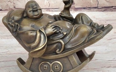Harmony in Laughter Original Bronze Art Sculpture Jolly Buddha on Rocking Chair - 4" x 6"