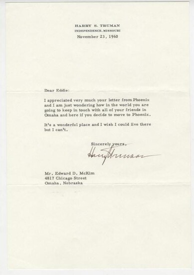 Harry Truman Signed Letter on Life In Phoenix