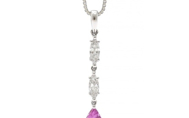 Hartmann's: A pendant set with a pink sapphire weighing app. 0.97 ct. flanked by two diamonds, mounted in 18k white gold. Accompanied by chain. (2)