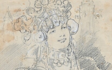 Henri PRIVAT-LIVEMONT (1861 - 1936) Etude de portrait de femme crayon et...