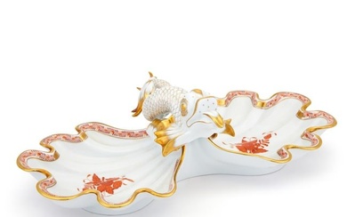 Herend Porcelain "Chinese Bouquet Rust" Pattern Dolphin-Form Double Serving Dish