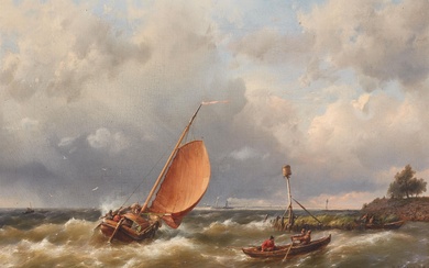 Hermanus Koekkoek I - Coastal View with Sailing Ships and Rowing Boats on Choppy Seas