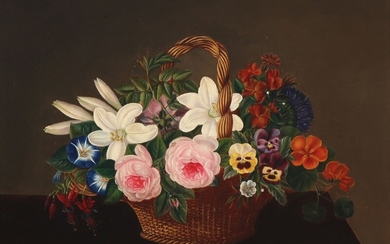 I. L. Jensen, school of, first half of the 19th century: Still life with a colourful bouquet of flowers in a basket. Unsigned. Oil on canvas. 42×53 cm.
