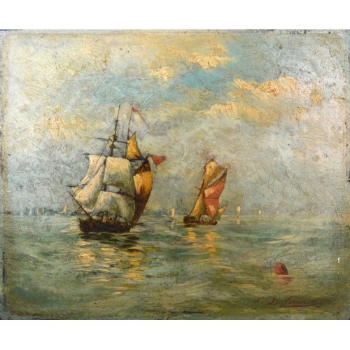 Indistinctly signed, sailing boats at sea, oil on board, 28c...