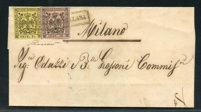 Italian Ancient States - Modena 1857 - 15 c. giallo e 10 c. rosa su lettera con annullo Novellara - Sassone N. 2 - 3