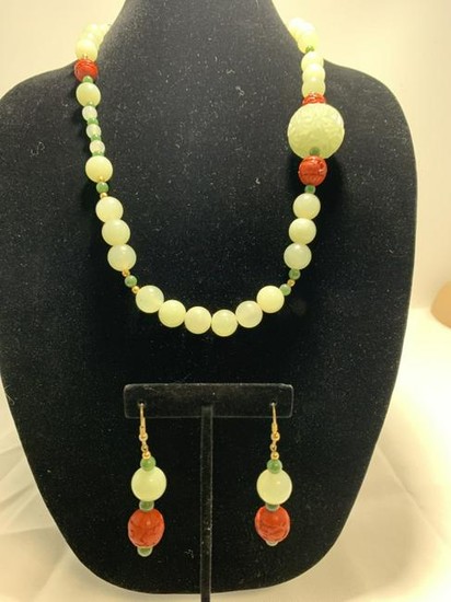 JADE AND CINNABAR NECKLACE AND EARRING SET