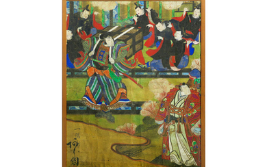 JAPAN - ca 1850 quite large gouache on paper : "Frightened company with Samurai in an interior" - 121 x 96 drawn ||quite large mid 19th Cent. Japanese gouache - signed