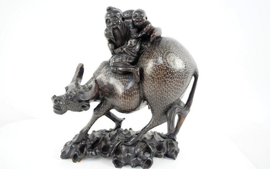 Japanese Wood Carved Silver Inlaid Water Buffalo