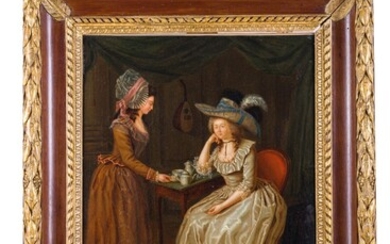 Jean Simon Fournier (attr. a) Interior with two ladies and a little dog