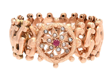 Jewellery Bracelet BRACELET, 14K gold, ruby, oriental pearls, antique, flexibl...