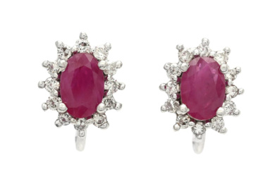 Jewellery Earrings CLUSTER-EARRINGS, 14K white gold, oval cut rubies, ...