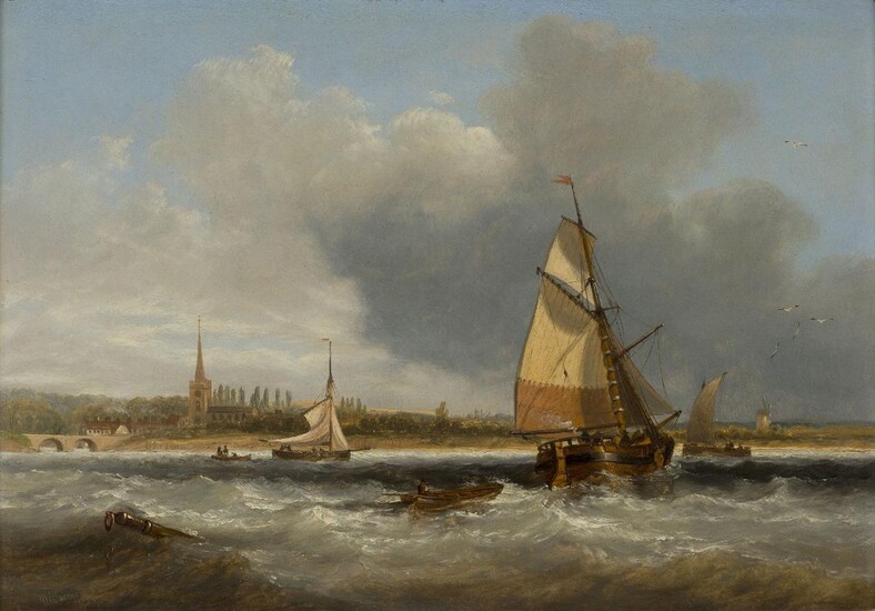 John Wilson Carmichael, British 1800-1868- Two views on the Humber: Near Hull on the Humber; and Saltmarsh on the Humber; oils on board, both signed and dated â€˜J. W. Carmichael / 1845â€™ (lower left), both inscribed as titled on the Winsor &...
