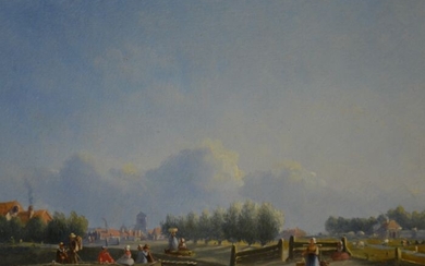 Joseph Bles (1825-1875) - Pontje/veerbootje met figuren in polderlandschap