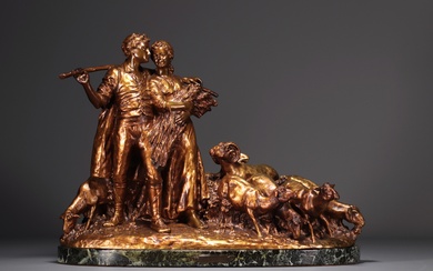 Joseph d'ASTE (1881-1945) "Couple de bergers et moutons" Bronze à patine dorée sur socle en...