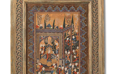 Khusraw Parviz with an assembly of courtiers and servants, by a follower of Haj Mirza Aqa Imami (1880-1955), Iran, 20th Century