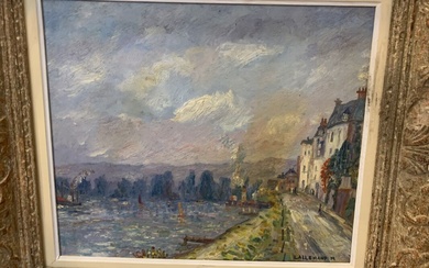 LALLEMAND M. (XXe siècle) Paysage de bord de fleuve Huile sur isorel. Signée en bas...