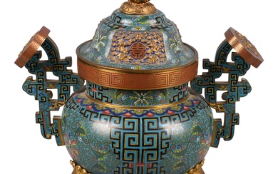 LARGE CHINESE CLOISONNE ENAMEL TRIPOD CENSER, 18TH/19TH CENTURY Height: 13 1/4 in. (33.7 cm.)