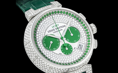 LOUIS VUITTON. A VERY RARE 18K WHITE GOLD, DIAMOND AND GREEN GEMSTONE-SET LIMITED EDITION AUTOMATIC CHRONOGRAPH WRISTWATCH WITH DATE REF. Q1E90, CIRCA 2016, NO. 1/8