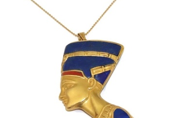 Large Egyptian Queen Nefertiti 18k Yellow Gold Lapis Coral Pendant Necklace