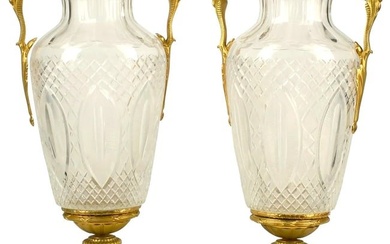 Large Pair of Louis XVI Style Bronze Giltmetal Mounted Cut Crystal Glass Urns Vases