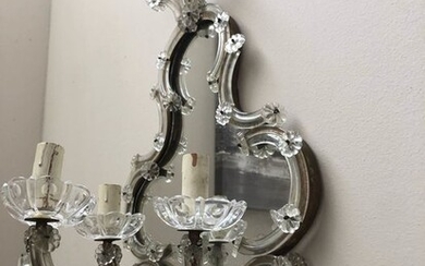 Large pair of 3-light antique wall lights and mirror - Glass - Early 20th century