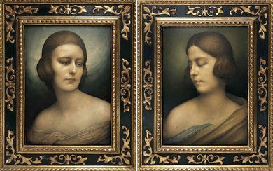 Léonard SARLUIS (1874-1949) Portraits de femme inspirés de la Renaissance italienne Paire d'huiles sur carton...