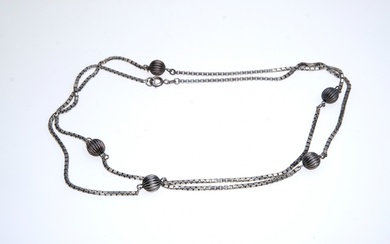 Long silver necklace,with detailed baubles, 835 silver, hallmarked.