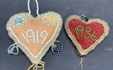 Lot 2 Antique 1919 Beaded Heart Wall Hangings