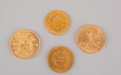 Lot de quatre pièces en or comprenant : deux pièces de 10 francs 1860 et...