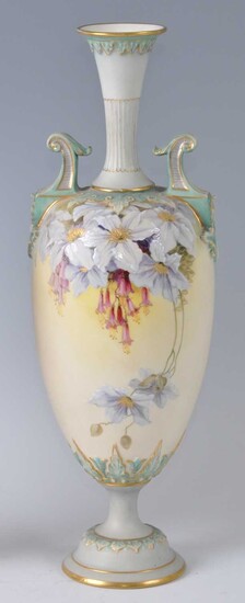 A late Victorian Royal Worcester porcelain twin handled pedestal vase