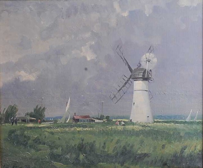 Mid-20th century school - A Broadland landscape with windmill