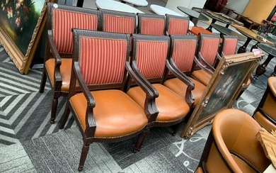 Lot of 9 wood framed leather seat dining room chairs