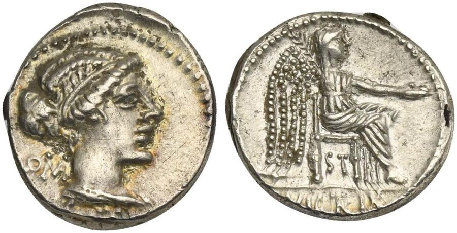 M. Porcius Cato, Denarius, Rome, 89 BC; AR (g 3,95;...