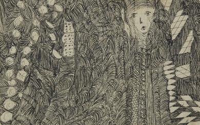 MADGE GILL (Angleterre, 1882-1961) SANS TITRE Encre sur tissu Ink on fabric 26,5 X 33,5...